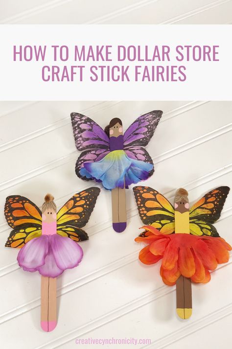 These craft stick fairies are easy and inexpensive to make, making them perfect for scout troops, camp crafts, or even as an activity for woodland themed birthday party. Fairy Popsicle Sticks, Stick Fairy, Craft Stick Projects, Camp Crafts, Quick And Easy Crafts, Plant Stakes, Stick Crafts, Fairy Crafts, Easy Arts And Crafts