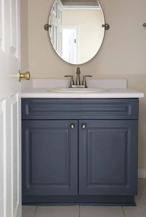 Painted Bathroom Cabinet Before and Afters: Ideas and Paint Colors | Hunker Painted Vanity Bathroom, Painting Bathroom Cabinets, Bathroom Improvements, Painted Bathroom, Vanity Makeover, Bathroom Vanity Makeover, Diy Bathroom Vanity, Hur Man Målar, Budget Bathroom