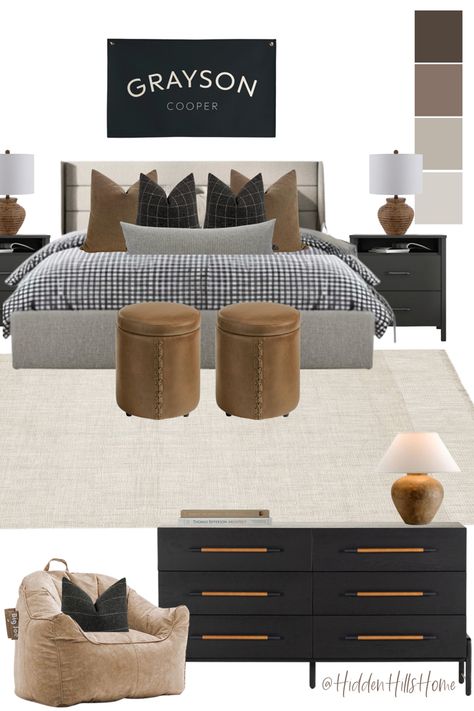 Teen boys bedroom decor mood board with black and brown tones throughout! Masculine bedroom decor ideas for a boys room Teen Boys Bedroom, Teen Boy Bedroom Decor, Boys Bedroom Furniture, Boys Bedroom Makeover, Big Boy Bedrooms, Teen Boy Room