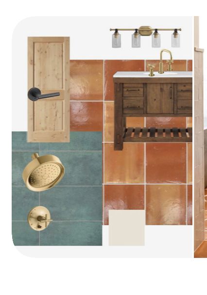 Saltillo Tile In Bathroom, Terracotta Bathroom Vanity, Southwest Bathroom Ideas Modern, Southwestern Bathroom Tile, Terracotta Tile Bathroom Showers, Saltillo Tile Color Schemes, Terracotta And Green Tile Bathroom, Saltio Tile Bathroom, Saltillo Tile Bathroom Color Schemes