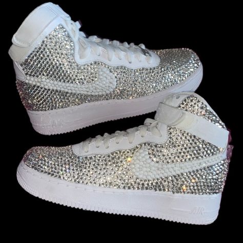 Welcome, Nike Airforce 1’s High Tops With Luxe Crystal & White Full Fronts & Back Design, Made To Last Permanent Design! Colours:Crystal Diamond & White All Colours Available Please See Colour Chart Attached, Brand New In Box Nike Airforce 1’s High Tops Sizes In Usa Women’s 6 6.5 7 7.5 8 8.5 9 9.5 10 10.5 11 11.5 12 12.5 13 Comes With Original & Ribbon Laces To Order; Can Also Be Made In Black Please See Colour Chart Attached To Change Colour Way Or Add Additional Colours Please Add To Bundle Fo Rhinestone Nikes Shoes, Rhinestone Air Force 1, Custom Air Force 1 Rhinestone, Glitter Nike Shoes, Air Force 1 Blinged Out, White High-top Custom Sneakers With Rhinestones, Friend Hoodies, Best Friend Hoodies, Quinceanera Shoes