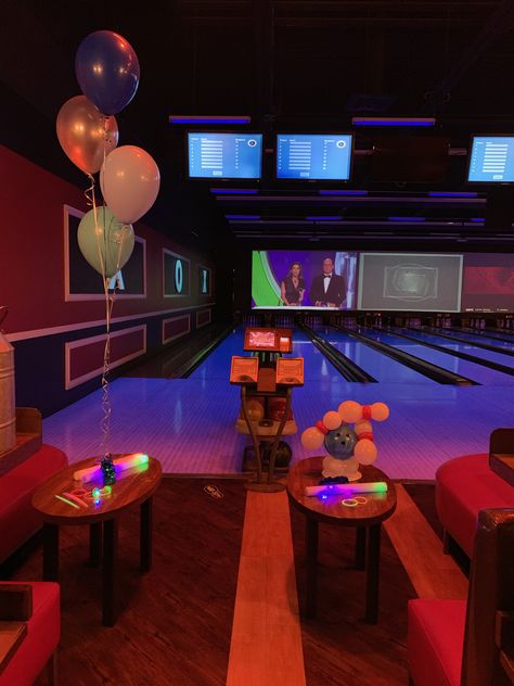 Each Lane had light up sticks rings glasses balloons and centerpieces Bowling Birthday Party Aesthetic, Birthday Bowling Outfit, Bowling Party Aesthetic, Bowling Alley Party Ideas, Sweet 16 Bowling Party Ideas, Bowling Bday Party, Glow Bowling Party Ideas, Neon Bowling Party, Bowling Birthday Party Ideas