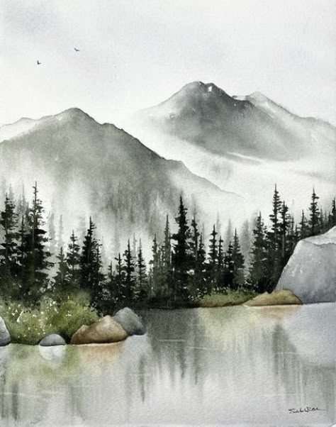 Watercolor Landscape Paintings Mountains, Montana Painting Ideas, Mountain Scene Watercolor, Alaska Watercolor Painting, Mountain Trees Painting, Watercolor Mountain Painting, Winter Mountains Painting, Advanced Watercolor Paintings, Watercolour Mountains Landscapes