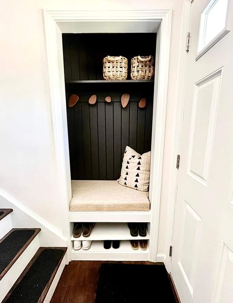 Closet On Stair Landing, Small Front Entrance Closet Ideas, Downstairs Closet Ideas, Large Entryway Closet Ideas, V Jay Panelling, Owners Entry Ideas, Small Front Hall Closet Makeover, Living Room Coat Closet, Entrance Coat Closet