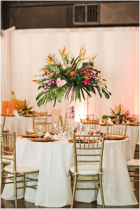 Tropical Wedding Flowers Centerpieces, Indoor Wedding Reception Decor, Tropical Wedding Centerpieces, Tropical Wedding Reception, Indoor Wedding Reception, Aruba Weddings, Tropical Centerpieces, Tropical Wedding Theme, Tropical Glam