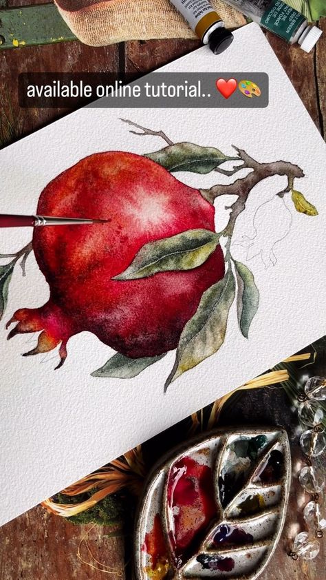 ✨Pomegranate.. relaxing tutorial on Patreon, link in bio ✨ #waterblog #watercolorbotanicals #illustrationnow #inspiring_watercolors… | Instagram Pomegranate Watercolor, Watercolor Pomegranate, Fruits Art, Watercolor Fruits, Pomegranate Art, Watercolor Beginner, Watercolor Fruit, Watercolor Lessons, Watercolor Paintings Easy