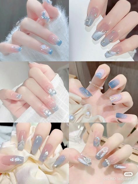 Nail Inspo Inspiration Douyin Asian Chinese Korean Japanese Tiktok Style Fashion Outfit Style Design Hands Fingers Cute Aesthetic Pretty Color Purple Blue Pink Icicle Acessories Decoration Nails Korean Ice Nails, Blue Douyin Nails, Dark Blue Douyin Nails, Jelly Blue Nails Korean, Icicle Nails, Icicle Nails Korean, Korean Blush Nails Blue, Blue Icicle Nails Korean, Army Nails