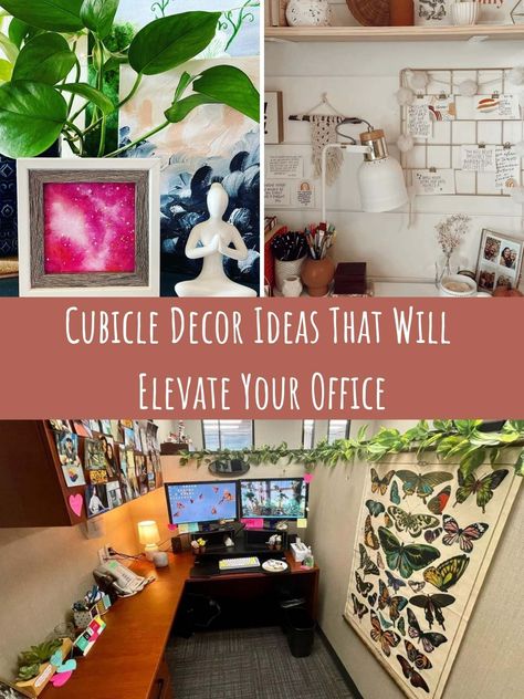 Boho Office Cubicle Decorating Ideas, Cubicle Wall Fabric, Decorated Office Cubicles, Cubical Office Decor Ideas, Cubicle Gallery Wall, Decorate Cubicle At Work Cozy, Relaxing Cubicle Decor, Work Cube Decorating Ideas, Boho Work Office Decor