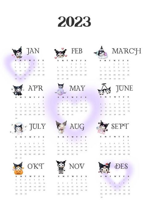 Kuromi Calendar 2023, Kuromi Calendar 2024, Kuromi Calendar, Aesthetic Calendar Wallpaper, Kawaii Calendar, Aesthetic Calendar, Calendar Widget, Hello Kitty Printables, Cute Calendar