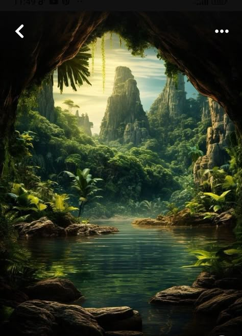 Fantasy Jungle Aesthetic, Jungle Poster Design, Fantasy Jungle Art, Fantasy Landscape Art Magic, Jungle Fantasy Art, Tropical Jungle Aesthetic, Fantasy World Forest, Fantasy Forest Aesthetic, Jungle Pic