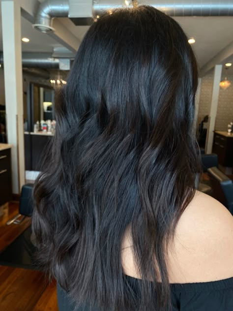 Black Hair With Subtle Highlights Straight, Subtle Dark Brown Balayage On Black Hair, Dark Black Hair With Dimension, Black Hair With Subtle Dimension, Subtle Black Balayage, Subtle Brunette Dimension, Partial Balayage On Black Hair, Black Hair Subtle Highlights, Babylights On Black Hair