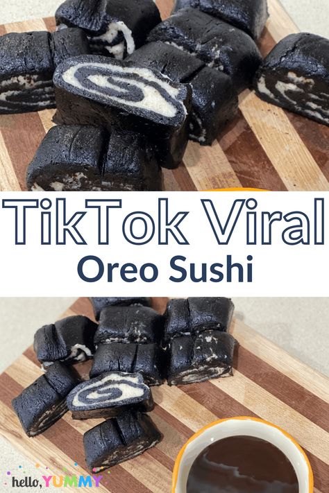 TikTok Oreo Sushi Oreo Sushi Roll Recipe, S’mores Sushi, Oreo Sushi Roll, Dessert Rolls Cake, Oreo Rolls, Oreo Sushi, Bake Sweets, Oreo Filling, Dessert Sushi