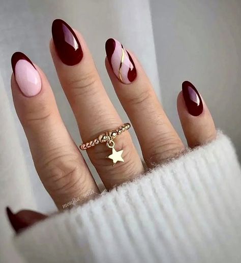 Gel Nail Designs Maroon, Fall Nail Designs Wine Color, Nails For The Holidays Seasons, Oval Nails Burgundy, Medium Round Nails Designs, Maroon Autumn Nails, Maroon Almond Nails Design, Cherry Cola Nails Designs, Mocha Red Nails