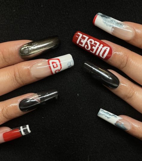 Rap Nails Design, Designer Nails Dior, Tupac Nails, Diesel Nails, Hypebeast Nails, Stussy Nails, Hip Hop Nails, Graffiti Nails, Punk Nails