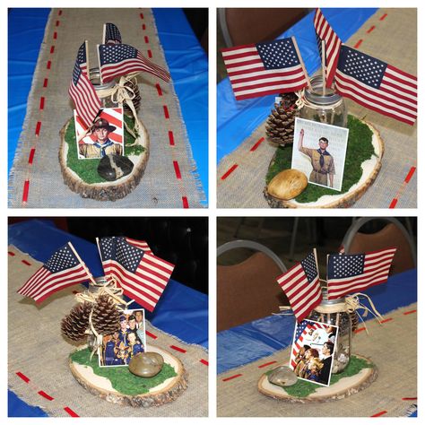 Centerpieces for my son's Eagle Scout Court of Honor using Norman Rockwell Scouting pictures. Eagle Scout Centerpieces, Scout Decorations, Arrow Of Light Ceremony, Eagle Scout Project Ideas, Scout Merit Badges, Eagle Project Ideas, Eagle Scout Cake, Court Of Honor Ideas, Eagle Ceremony