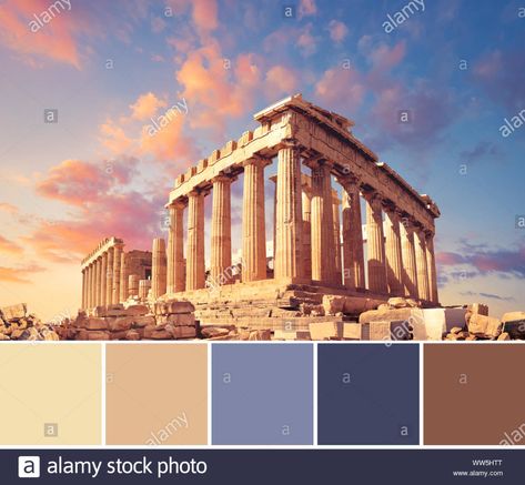 Download this stock image: Color matching palette from picture of Parthenon on the Acropolis in Athens, Greece, on a sunset - WW5HTT from Alamy's library of millions of high resolution stock photos, illustrations and vectors. Artsy Boy, Ancient Greece Aesthetic, The Acropolis, Sunset Images, Canvas Drawing, Acropolis, Aesthetic Colors, Athens Greece, Ancient Greece