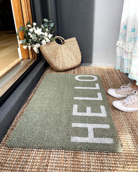 Front Porch Door Mat Ideas, Layered Door Mats, Downstairs Hallway, Apartment Front Doors, Uni House, Double Door Entrance, Hello Doormat, Organic House, Eucalyptus Green