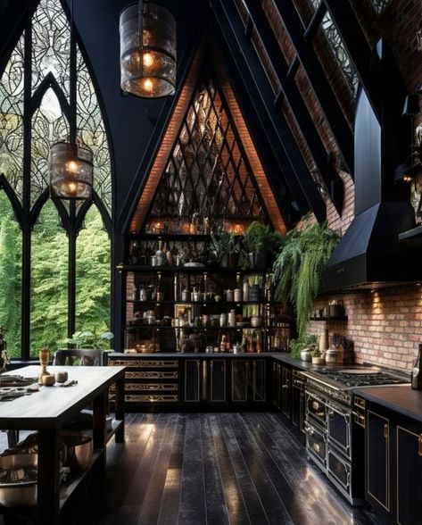 Modern Gothic House, Modern Gothic Home, Dark Academia House, Cottage Core Interior, Academia House, Barndominium Interior, Modern Gothic, Dark Home Decor, Goth Home