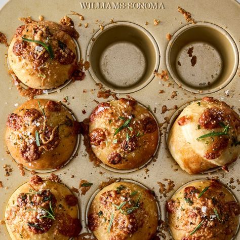 Recipe: Muffin-Tin Focaccia with Gruyere | Williams Sonoma Focaccia Muffins Recipe, Focaccia Bread Muffins, Muffin Tin Focaccia, Focaccia Muffin Recipe, Savory Baked Goods Recipes, Focaccia Muffins, Wine And Beer Fridge, Medieval Christmas, Cottage Recipes