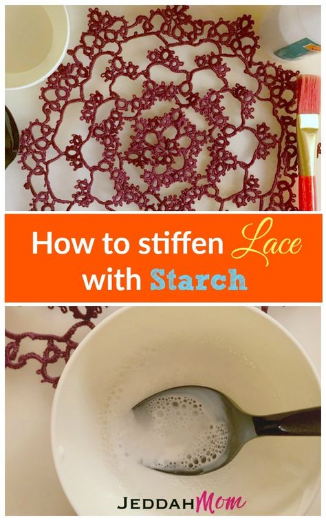 How to stiffen Lace with starch How to starch a lace doily JeddahMom How To Starch Doilies, Crochet Help, Doily Crafts, Starch Foods, Lace Projects, Craft Hacks, Spray Starch, Doily Art, Craft Recipes