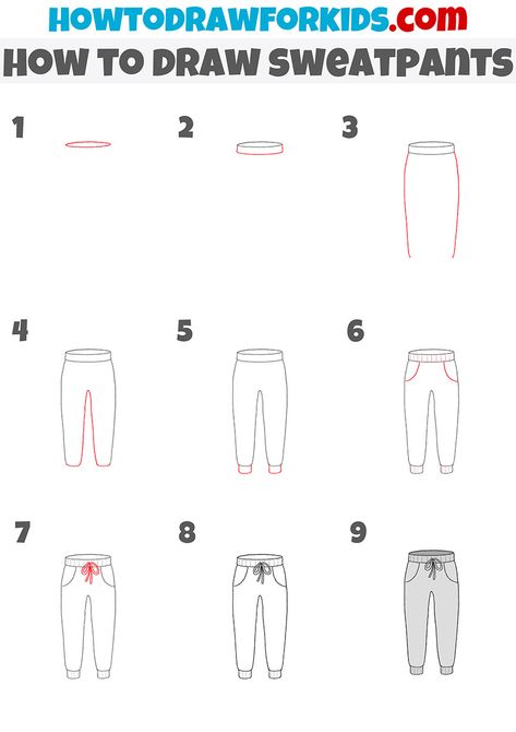 Clothes Drawing Tutorial Step By Step, How To Draw Pants Step By Step, How To Draw Outfits Step By Step, How To Draw Sweatpants, Drawing Sweatpants, How To Draw Sweat, How To Draw Clothes Step By Step, Sweatpants Ideas, How To Draw Pants