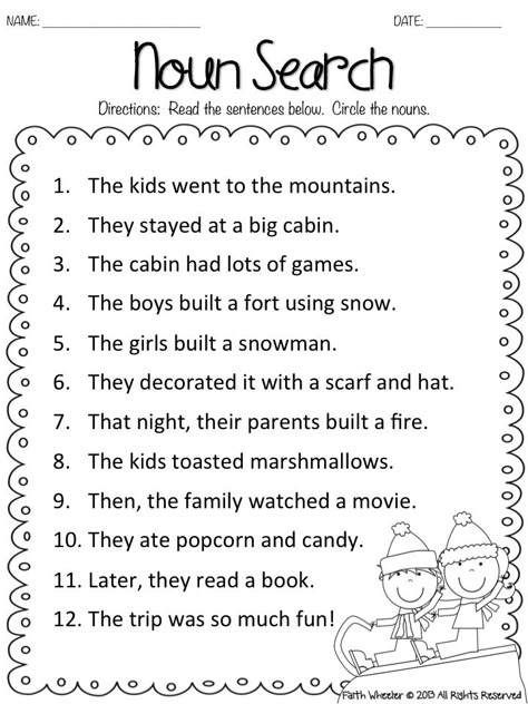 Snow Kids Noun Search Freebie Nouns And Verbs Worksheets, Nouns Worksheet, Nouns Verbs Adjectives, 1st Grade Writing, First Grade Worksheets, First Grade Writing, Verb Worksheets, Fake Snow, Nouns And Verbs