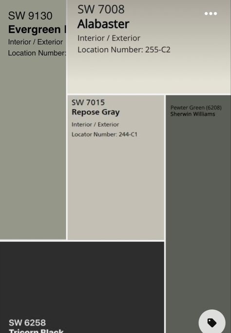 Modern Rustic Living Room Paint Colors, Wall Color To Go With Green Cabinets, Urban Bronze And Evergreen Fog, Whole House Green Paint Scheme, Evergreen Fog Hallway, Black Color Scheme House, Paint Combos Interior, Front Door Colors White House Black Trim, Moody Whole House Color Palette