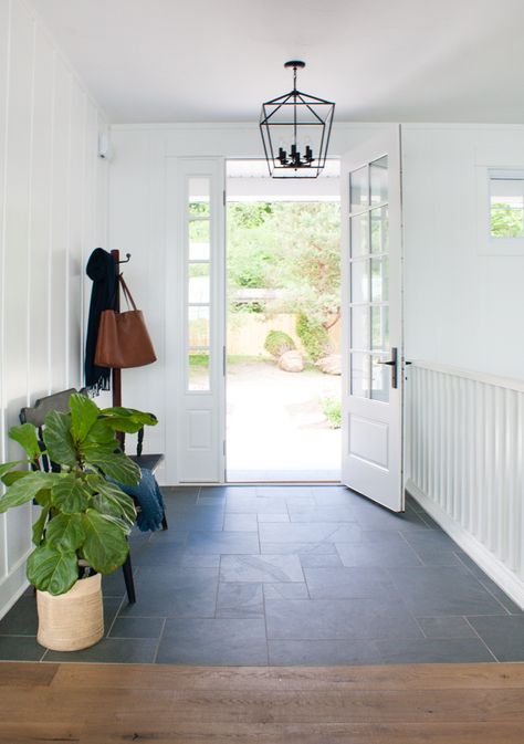 lake house with montauk blue slate tile in the entry, white board and batten walls and natural wood floors add to the cottage style Flooring For Foyer Entry Ways, Exterior Entryway, House Entryway, House Foyer, Slate Floors, Lilypad Cottage, Entryway Tile, House Entry, Entry Tile