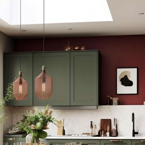 Burgundy Tiles Kitchen, Green And Burgundy Kitchen, Burgundy Kitchen Walls, Kitchen Burgundy, Red Green Kitchen, Forest Green Kitchen, Burgundy Kitchen, Small Open Plan Kitchens, Olive Green Kitchen