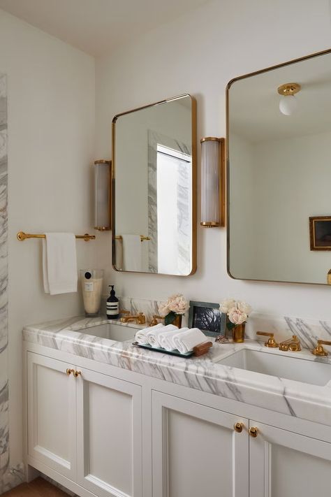 These 14 Double Vanity Ideas Could Prevent a Bathroom Divorce Luxury Double Vanity Bathroom, Sconces Above Mirror Bathroom, Double Vanity Hand Towel Placement, 60 Inch Vanity Double Sink Lighting, Bathroom Vanity Ideas Double Sink, 2 Sink Bathroom Ideas, Double Vanity Ideas, Double Vanity Mirror Ideas, 60 Inch Vanity Double Sink