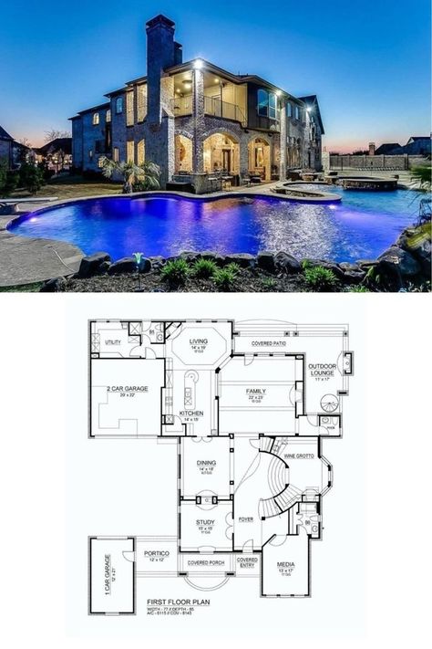 A house plan and an image of the house exterior with a mermaid-colored pool 4 Bedroom House Plan, Balcony Floor, Home With Pool, Southern Traditional, Balcony Flooring, Mansion Floor Plan, Country Craftsman, 4 Bedroom House Plans, Large Balcony