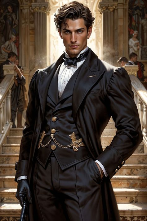 Steampunk Male Character Design, Victorian Aesthetic Men, Men In A Suit, 1890s Fashion Male, Gentleman Pose, Fantasy Suits Male, Victorian Outfit Men, Victorian Male Fashion, Victorian Suits