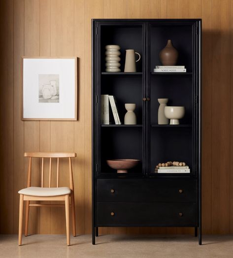 Explore Living Room | Four Hands Look Book Storage Cabinet With Drawers, Cabinet Black, Tempered Glass Door, Iron Hardware, Glass Front Door, Up House, Black Cabinets, Glass Cabinet, Four Hands