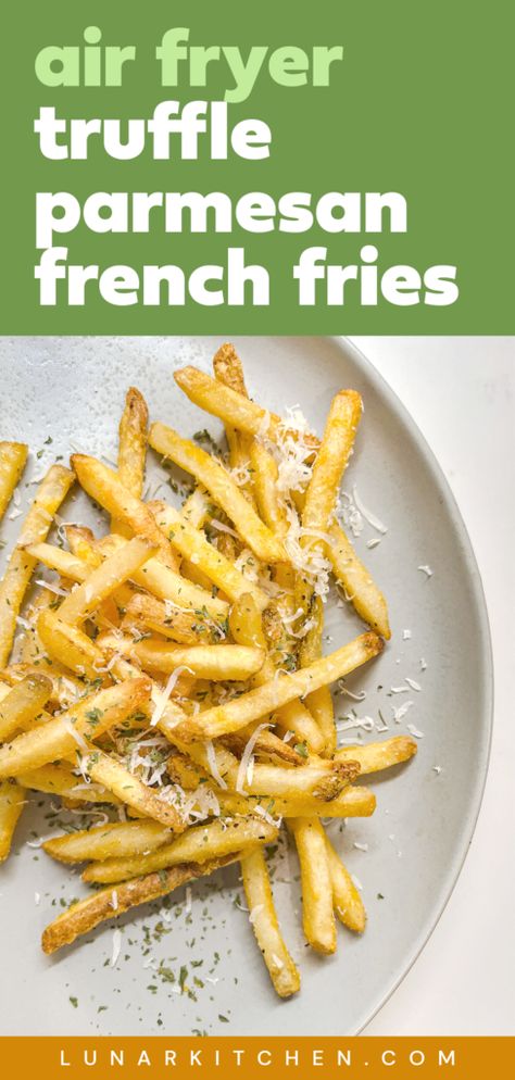 Truffle Fries With Frozen Fries, Shoestring Fries Air Fryer, Air Fryer Truffle Fries, Truffle Parmesan Fries, Parmesan Fries Air Fryer, Truffle Fries Air Fryer, Garlic Parmesan Truffle Fries, Truffle Fries Recipe, Chaffel Recipes