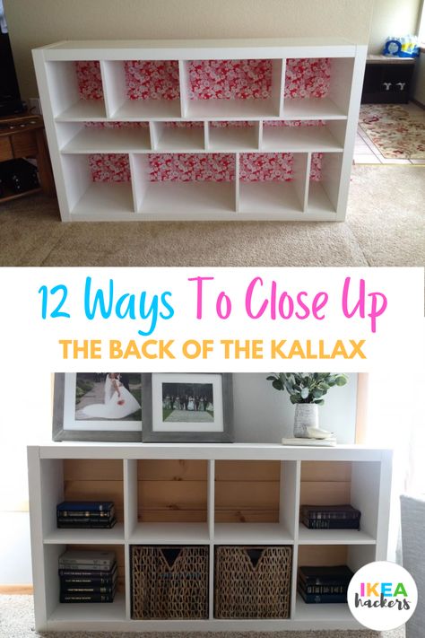 The KALLAX shelving unit comes with open cubes, which is why it makes such an awesome room divider. But there are times we need a back panel for the KALLAX. Such as when we use it as a media console. Closing up the back of the KALLAX immediately hides the ugly wires and power sockets. Or when used as storage and we don’t want stuff to fall behind the cubes. Kallax 8 Cube Tv Unit, Kallax Ikea Storage, Painting A Kallax Unit, Floating Kallax Shelf, Painted Kallax Shelves, Kallax Organization Ideas Office, Cube Storage Room Divider, Ikea Kallax Backing, Cube Shelf Room Divider