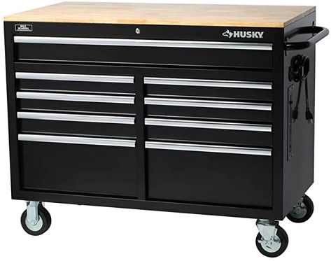 Husky Extra Deep 46 in. 9-Drawer Mobile Workbench - - Amazon.com Craftsman Workbench, Workbench On Wheels, Rolling Workbench, Portable Workbench, Mobile Workbench, Garage Work Bench, Tool Cabinet, Household Organization, Tool Chest