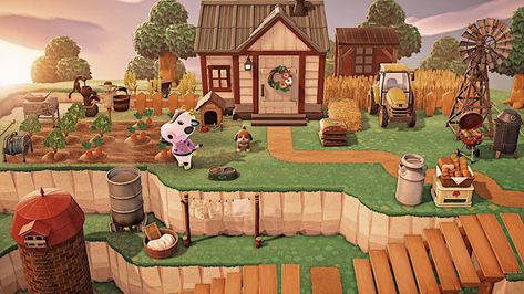 a screenshot of a farm build in animal crossing new horizons Acnh Norma Yard, Acnh Hhp Farm, Acnh Tipper’s Ranch, Acnh Pietro House, Acnh Tipper, Acnh Zucker House, Acnh 70s, Animal Crossing Hhp, Hhp Acnh Ideas