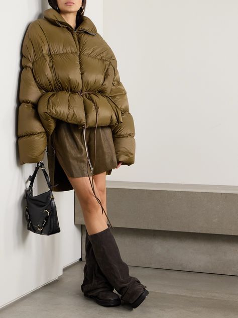 Rick Owens' 'Sail Duvet' jacket is aptly named after its cozy, cocooning silhouette. It's made from shell that's quilted and padded with insulating down and has a slim leather belt to cinch the voluminous shape. Unzip the back of the funnel neck for ventilation. Duvet Jacket, Rick Owens Women, Floral Dresses Short, Exclusive Dress, Sport Swimwear, Jo Malone London, Swimsuit Dress, Ski Wear, Funnel Neck