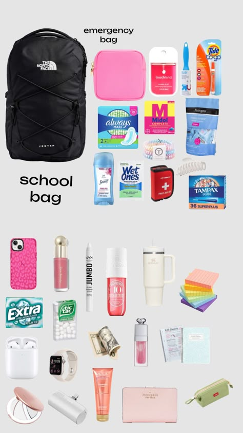 High School Essentials, Middle School Essentials, Road Trip Bag, School Emergency Kit, School Backpack Essentials, Preppy School Supplies, Trip Bag, Pretty School Supplies, Outfit Preppy