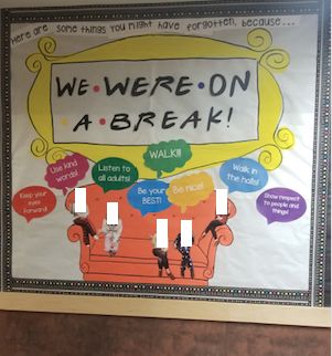 Bulletin Board about school expectations using the phrase "We were on a break" from FRIENDS. Cutouts of staff and speech bubbles display the expectations after students returned from winter break. By Anjali Tavernier We Were On A Break Bulletin Board, School Expectations, Staff Bulletin Boards, We Were On A Break, Boards Ideas, On A Break, About School, Speech Bubbles, Winter Break