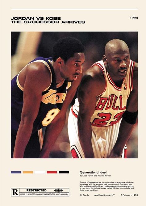 ES: Este póster captura un momento memorable en la historia del baloncesto: el último All-Star de Michael Jordan con los Chicago Bulls en Nueva York, un evento que marcó el final de una era legendaria y el debut de Kobe Bryant. La imagen celebra la transición de la estrella de la década, Jordan, que estaba cerrando un capítulo épico con el equipo que lo llevó a la cima, mientras el joven Kobe comenzaba a hacer su camino tratando de emular los trucos del maestro. Con un diseño inspirado en las pe Kobe Poster, Chicago Bulls Poster, Kobe Bryan, Michael Jordan Poster, Nba Poster, Chelsea Wallpapers, Jordan Poster, Kobe Bryant Poster, Rockwell Paintings