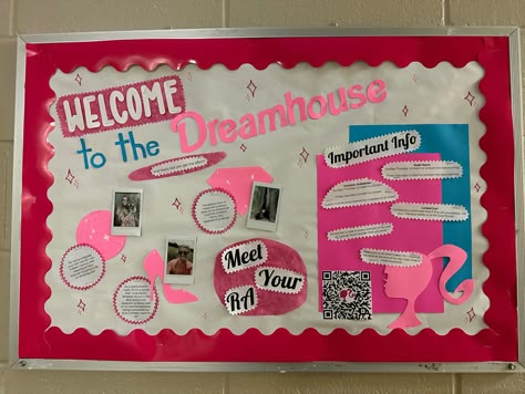 Ra Bulletin Boards Barbie, Barbie Themed Bulletin Board, Sorority Bulletin Board Ideas, Barbie Door Decs, Welcome Ra Boards, Barbie Bulletin Board, Ra Door Decks, Ra Floor Themes Ideas, Ra Dorm Hall Themes