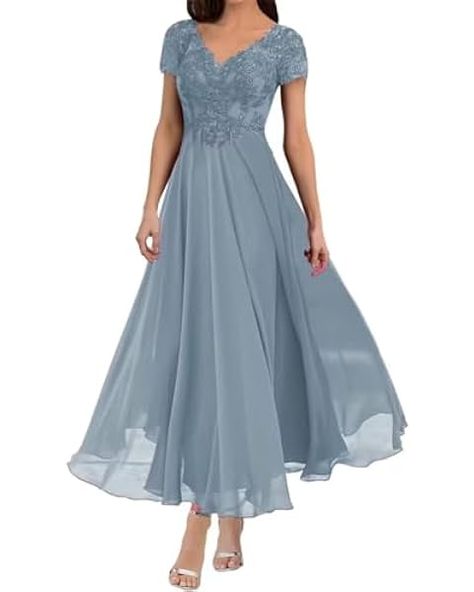 HANVAIOS Tea Length Mother of Groom Dresses for Wedding Champagne Lace Chiffon V-Neck Formal Dress with Sleeves Size 8 at Amazon Women’s Clothing store Fall Mother Of The Bride Dresses Rustic, Tea Length Dresses Formal, Groom Dresses For Wedding, Formal Dress With Sleeves, Dresses Tea Length, Short Wedding Gowns, Evening Dresses Midi, Elegant Summer Dresses, Mother Of Groom