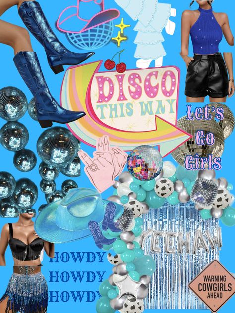 Blue Disco Cowgirl, Blue Cowgirl Party, Disco Birthday Theme, Disco Cowgirl Theme, Disco Denim, Bachelorette Mood Board, Cowgirl Bachelorette Party Outfits, Denim Disco, Western Disco