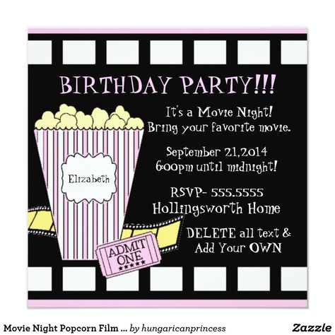 Movie Theatre Birthday Party, Movie Theater Party, Movie Party Invitations, Movie Theme Birthday Party, Movie Night Birthday, Night Birthday Party, Movie Night Invitations, Movie Night Popcorn, Movie Night Birthday Party