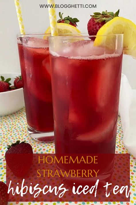 This Homemade Strawberry Hibiscus Iced Tea is a wonderfully refreshing summer drink and is made with fresh strawberries and hibiscus tea. It’s a lightly sweetened iced tea that will cool you down on a hot day. Hibiscus Strawberry Drink, Strawberry Hibiscus Lemonade, Strawberry Hibiscus Tea, Hibiscus Tea Drinks, Hibiscus Tea Lemonade, Iced Hibiscus Tea, Hibiscus Recipe, Hibiscus Iced Tea, Strawberry Hibiscus