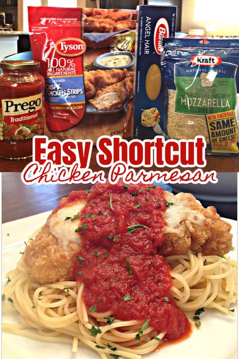 Chicken Parmesan With Chicken Patties, Chicken Strip Recipes Easy Dinners, Chicken Patty Parmesan Recipe, Chicken Tender Parmesan Recipe, Chicken Patty Parmesan, Quick And Easy Chicken Parmesan, Tyson Chicken Patties, Chicken Parmesan Easy, Easy Chicken Parmesan Bake