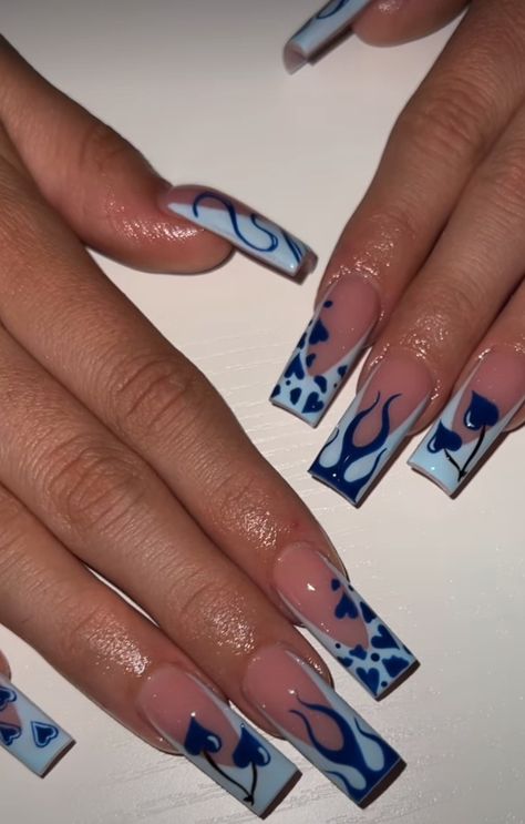 Blue Nail Set Ideas, Spray Nails Design, French Tip Nails W Design, Fire French Tip Nails, Unique Nail Art Designs Creative, Blue Fire Nails, Blue Coffin Nail Ideas, Long Blue Acrylic Nails, Tapered Square Nail Designs