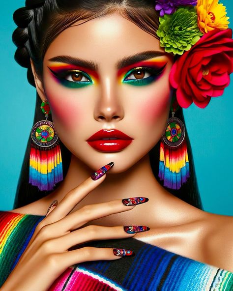 It’s a vibrant thing y’all. Get your color on this weekend with these #cincodemayo HMU looks inspired by the colorful serape 🎨 🇲🇽 💃 🌺 *Designed with the help of AI and Adobe. Mexican Make Up Looks, Mexico Makeup Look, Mexican Hairstyles, Mexican Independence Day, Mexican Beach, Mexican Independence, Mexican Beaches, Make Up Looks, Colorful Makeup