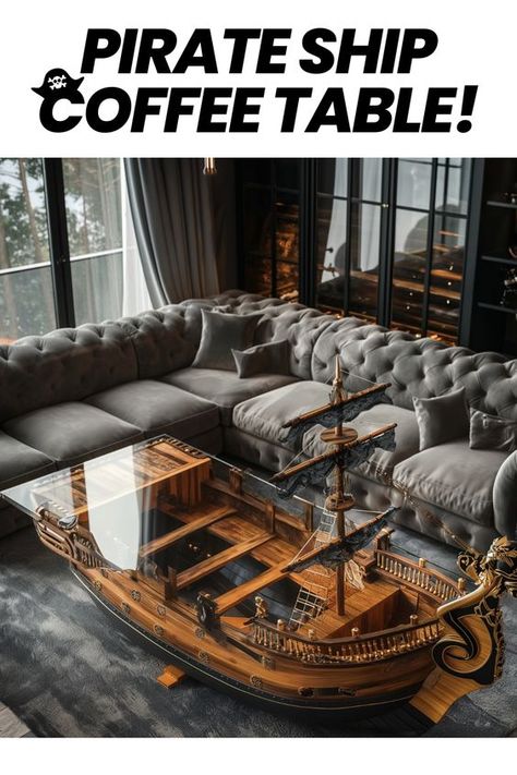 Add a touch of adventure to your home with Pirate Ship Coffee Tables! Perfect for lovers of nautical décor and seafaring charm. ⚓️ #HomeDecor #PirateShip #InteriorDesign #CoastalLiving Pirate Ship Interior, Pirate Designs, Nautical Bar, Rustic Furniture Design, Indoor Courtyard, Pirate Decor, Home Hall Design, Unique Furniture Pieces, Cabin Plans